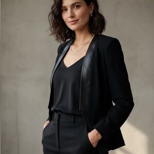 LAFAYETTE 148 Black Crepe Wool Jacket w Faux Leather Trim